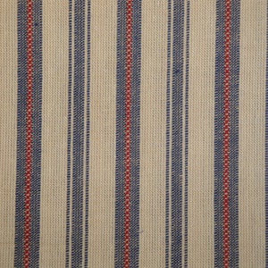 May include: Close-up of a woven fabric with a cream background and vertical stripes. The stripes alternate between navy blue and red, creating a classic, textured pattern. The fabric appears to be a natural fibre.