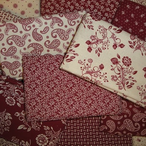 FAT QUARTER BUNDLE Of 16 Remember When Civil War Reproduction Red And Cream Cotton Fabric | Old Primitive Antique Vintage Look Calico Fabric