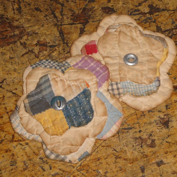 2 Old Antique Vintage Layered Old Patchwork Quilt Flowers | Primitive Rustic Country Farmhouse Wedding Scrap Book Stationary Emblishments