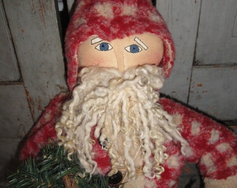 Primitive Handmade Cloth Santa Claus Fleece Coat Homespun Pants Wool Beard Holding Old Quilt Bag And Sled