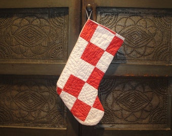 Vintage Antique Repurposed Aged Red White Old Quilt Christmas Stocking | Farmhouse Country Cottage Cabin Rustic Primitive Christmas