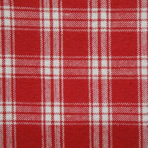 May include: Close-up of a red and white plaid fabric. The fabric has a woven texture with a classic grid pattern. The red color is vibrant, and the white lines create a contrasting design.