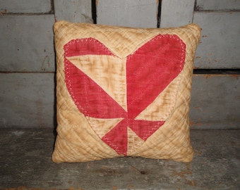 Primitive Aged Old Antique Vintage Red Heart Quilt Pillow Fabric Stuffed