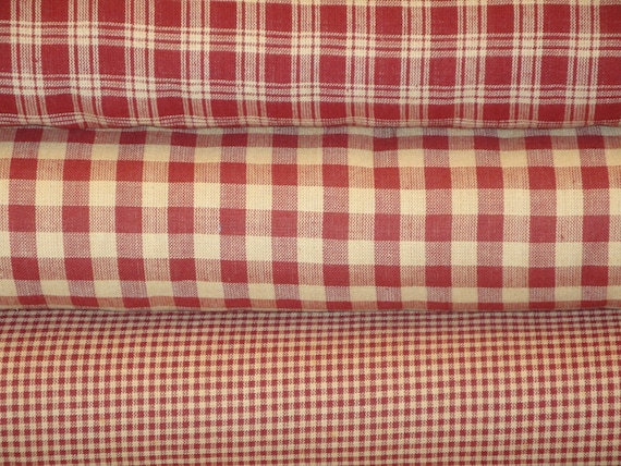 Cotton Homespun Fabric Large Wine Natural Tan Woven Check Rag