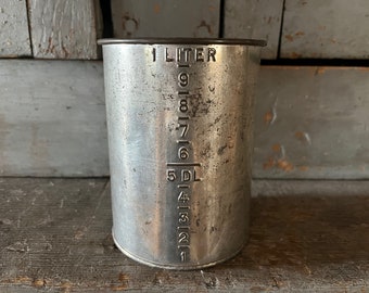 Old Antique Vintage Primitive Tin Liter Measure Cup | Farmhouse Rustic Country Cabin Cottage Kitchen Deocr