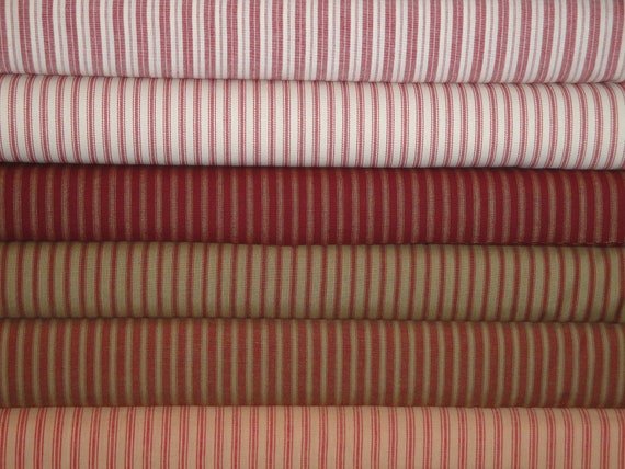Red Ticking Fabric Red Stripe Homespun Fabric Cotton Twill Ticking Fabric  Ticking Fat Quarters Fat Quarter Bundle of 6 