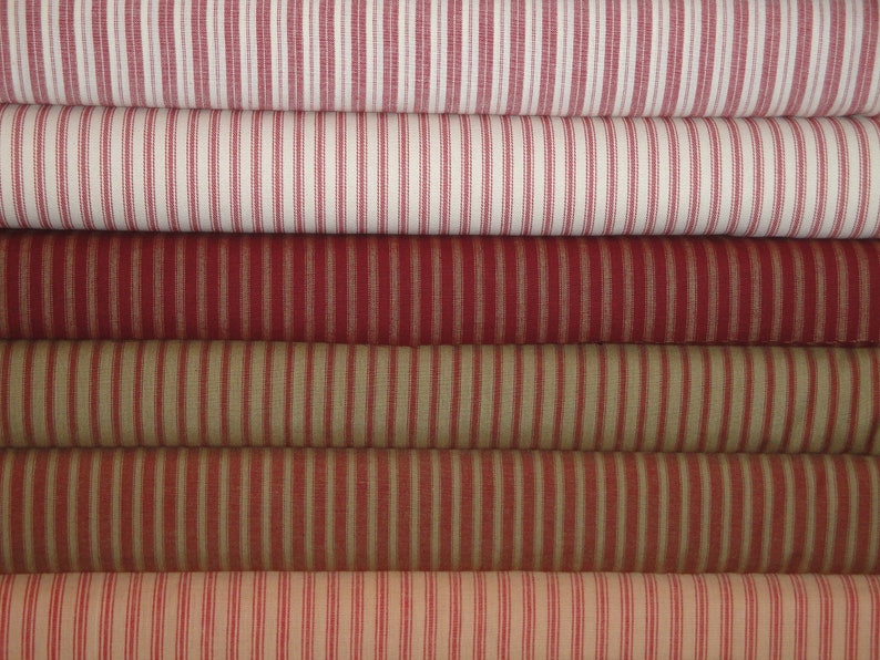 Red Ticking Fabric Red Stripe Homespun Fabric Cotton Twill Ticking Fabric Ticking Fat Quarters Fat Quarter Bundle Of 6 image 1