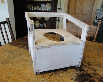 Hand Made Primitive Painted White Wood Childs Toddler Potty Chair | Rustic Cabin Country Farmhouse Home Decor