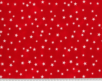 May include: Red fabric with a white star pattern. The fabric is measured in inches.