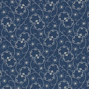 Classic Floral Reproduction Calico Dark Blue Cotton Sewing Fabric Flower Swirl Sunburst Design Primitive Old Antique Vintage Look Fabric image 1