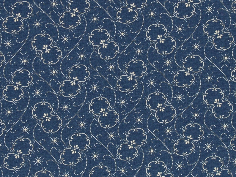 Classic Floral Reproduction Calico Dark Blue Cotton Sewing Fabric Flower Swirl Sunburst Design Primitive Old Antique Vintage Look Fabric image 1