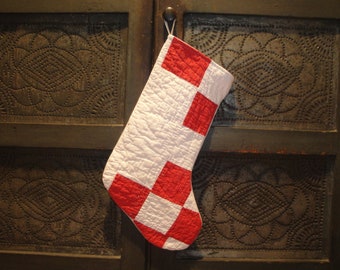 Vintage Antique Repurposed Aged Red White Old Quilt Christmas Stocking | Farmhouse Country Cottage Cabin Rustic Primitive Christmas