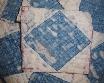 Old Blue Quilt Scrap | Antique Vintage Blue Quilt Scrap | 8  Blue Cutter Quilt Scrap Pieces With Pink Plaid Back