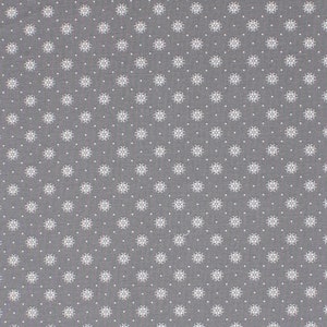 May include: A gray fabric with a white repeating pattern of small, stylized flowers.