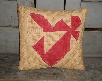 Primitive Aged Old Antique Vintage Red Heart Quilt Pillow Fabric Stuffed
