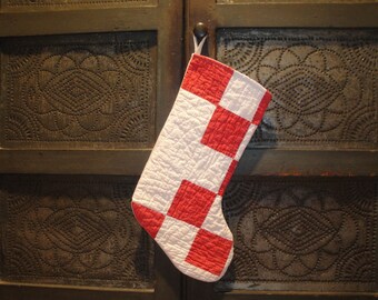 Vintage Antique Repurposed Aged Red White Old Quilt Christmas Stocking | Farmhouse Country Cottage Cabin Rustic Primitive Christmas