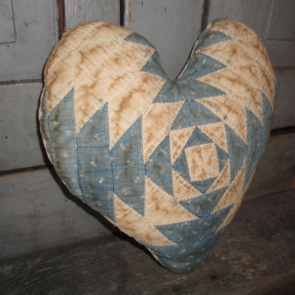 Aged Tattered Worn Primitive Old Antique Vintage Blue Quilt Heart Pillow Fabric Stuffed | Farmhouse Cottage Country Rustic Cabin Home Decor