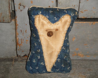 Old Vintage Antique Quilt Heart Small Pillow* Primitive Blue Calico Homespun Quilt Heart Cupboard Tuck*Farmhouse Country Cottage Home Decor