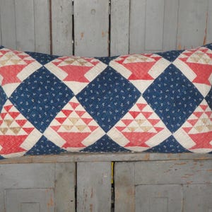 XLARGE Antique Quilt Vintage Flower Basket Quilt Pillow | Primitive Worn Tattered Old Quilt Repurposed Pillow  | Farmhouse Country Cottage