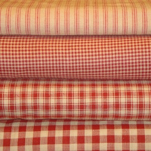 Rustic Woven Red Homespun Material Fat Quarter Bundle Of 4 | Primitive Farmhouse Country Large Check Small Check Plaid Ticking Sewing Fabric