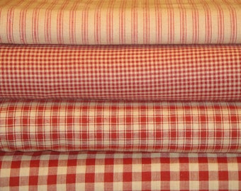Rustic Woven Red Homespun Material Fat Quarter Bundle Of 4 | Primitive Farmhouse Country Large Check Small Check Plaid Ticking Sewing Fabric