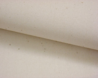 May include: Close-up of a plain, off-white canvas fabric with a subtle texture. The fabric has a few small, dark spots.