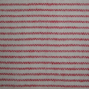 May include: Close-up of a woven fabric with a repeating pattern of horizontal red stripes on a white background. The red stripes have a textured, zig-zag appearance, creating a visually interesting design. The fabric appears to be a natural fiber.