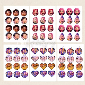 May include: A collection of sticker sheets featuring various cartoon character designs. The stickers include images of faces with different expressions, and groups of cartoon girls in different shapes, including circles and hearts. The stickers are colorful.