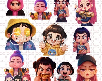 Kpop Demon Hunter PNG-bundel 30+, clipart kpop, Huntrix Kpop Demon Hunters PNG, sticker cupcake toppers en plectrums (digitale download)