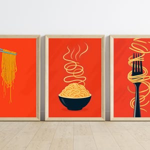 Ensemble d&#39;art mural nouilles : impression de cuisine moderne avec ramen et pâtes (téléchargement numérique)