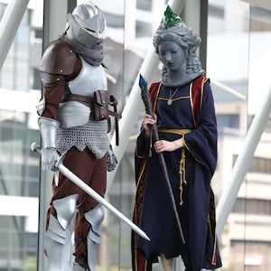 Puede incluir: Dos cosplayers con atuendos de fantas&iacute;a. Uno lleva una armadura plateada, un casco y una espada. El otro viste una t&uacute;nica azul oscuro con una pieza para la cabeza similar a una estatua y sostiene un bast&oacute;n con un cristal azul.