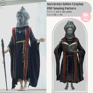 以下が含まれることがあります： ソーサレス・セレンのコスプレ衣装。長い濃い青色のドレスに赤と金のアクセント。衣装にはヘッドピースと青いクリスタルが付いた杖が含まれています。画像には、コスチュームのPDF縫製パターンも表示されています。