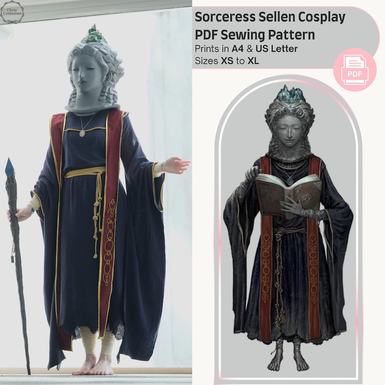 Puede incluir: Un disfraz de cosplay de Sorceress Sellen, con un vestido largo azul oscuro con detalles rojos y dorados. El disfraz incluye un tocado y un bast&oacute;n con un cristal azul. La imagen tambi&eacute;n muestra un patr&oacute;n de costura en PDF.