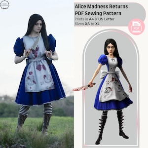 May include: A PDF sewing pattern for a costume inspired by Alice Madness Returns, featuring a blue dress with a white apron, black and white striped stockings, and dark boots. The apron displays red blood-like splatters and two circular symbols.