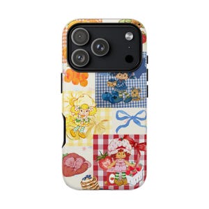 May include: A patterned phone case with a patchwork design. The case features illustrations of a girl with a strawberry hat, a girl with a flower hat, blueberries, and other food items. The case has a glossy finish and a variety of colours.