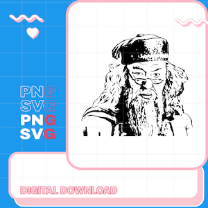 May include: Black and white digital illustration of a wizard with a long beard, glasses, and a hat. The image is labeled "PNG SVG PNG SVG" and "DIGITAL DOWNLOAD" on a blue and pink background.