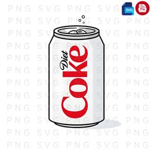 Puede incluir: Una lata blanca de Diet Coke con letras rojas y un contorno negro. La palabra "Diet" está en cursiva encima de la palabra "Coke". Dos burbujas se elevan desde la parte superior de la lata. Es un gráfico vectorial.