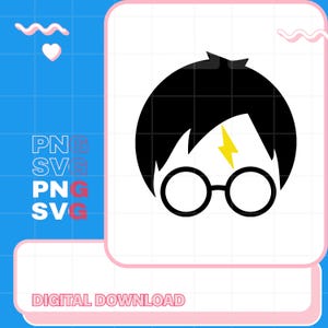May include: Black and yellow graphic of a character's face with round glasses and a lightning bolt scar. The image is a digital download, with the words "PNG" and "SVG" repeated. The background is blue with a grid pattern.