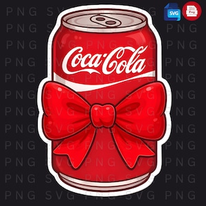 May include: A red Coca-Cola can with a silver top and a large red bow. The Coca-Cola logo is in white script across the front of the can. The image is a sticker or graphic.