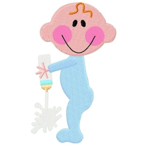 May include: A cartoon illustration of a baby in a blue onesie holding a bottle of milk. The milk is spilling out of the bottle and onto the floor.