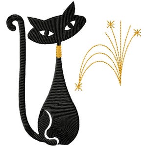 May include: A black cat with a gold collar sits with its tail curled around its body. A gold firework with stars explodes behind the cat.