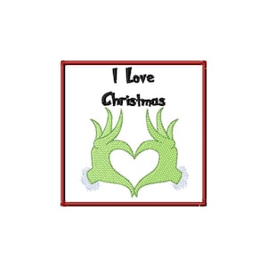 May include: A square design with a red border features the text "I Love Christmas" above a heart shape formed by green hands with white fur cuffs. The design is on a white background.