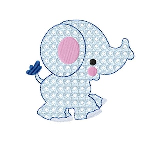 May include: Embroidered elephant design in light blue with a repeating pattern. The elephant has a pink ear, cheek, and a black eye. The design is suitable for baby items or nursery decor.