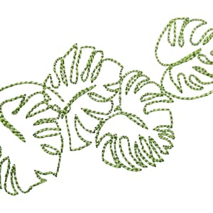 Op de afbeelding: Groene geborduurde monstera bladeren op een witte achtergrond.