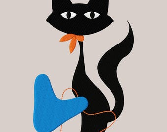 Motif de broderie chat rétro MCM : style boomerang, 3 tailles (téléchargement numérique)