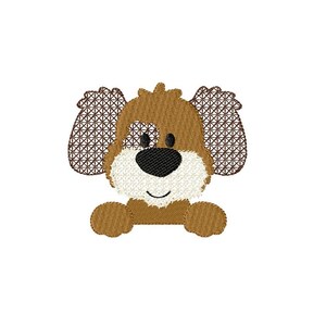 May include: An embroidered design of a friendly dog with brown and white fur, black eyes, and a black nose. The dog's ears have a patterned design. The dog's paws are visible, giving the impression that it is peeking over an edge.