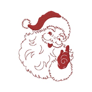May include: Embroidered design of Santa Claus in red and white. Santa is winking and giving a friendly wave. The design features a red Santa hat, beard, and gloves. The image is on a white background.