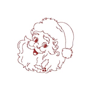 Pode incluir: Um rosto bordado do Papai Noel em fio vermelho sobre um fundo branco. O design apresenta um Papai Noel sorridente com barba fofa, bochechas rosadas e chapéu vermelho. As bagas de azevinho estão na parte inferior.