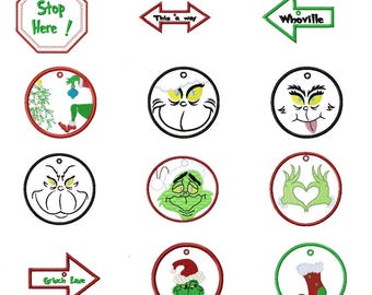 May include: A set of 15 machine embroidery Christmas ornament designs featuring the Grinch. Designs include Grinch faces, arrows, and Christmas-themed elements. Each design fits a 10 cm x 10 cm hoop.