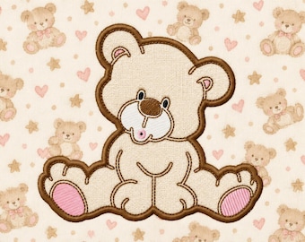 May include: An embroidery design featuring a large, central beige teddy bear with brown outlines, pink paw pads, and a white muzzle. The background is a cream-colored fabric patterned with smaller, repeating teddy bears, pink hearts, and tan stars.